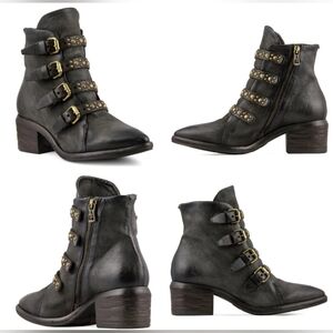 AS98 Frankie Studded Leather Moto Booties Distressed Ankle A.S.98 Black Belted 8